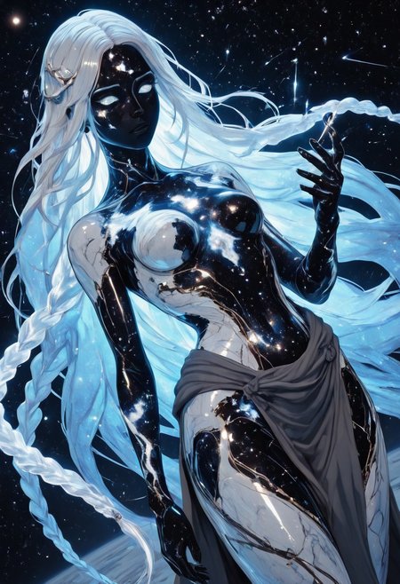 highres, very detailed, amazing quality, masterpiece,
very aesthetic, sp4ce-g0dd3ss
particle effect,
1girl, solo, beautiful eyes, goddess, goddes of constellations, black skin, sparkly skin, glitter on skin, iridescent hair, glowing hair, very long braids, strong face, solo, eyes with galaxies, cosmos eyes, Covered in Tattoos, geometric tattoos, white tattoos, small breasts, curvy, grey robe with pearlescent trim, 
BREAK, 
greek theme, goddess theme, universe theme, 
looking at hand, extends hand,  (singularity in hand, miniature singularity in hand), tough pose, foreshortening, dutch angle,
loving, content, tender, 
in cosmos, universe, endless stars around her, galaxies, comets, nebulae