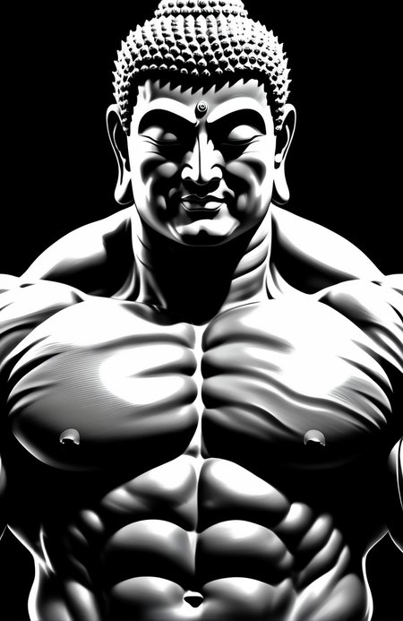  Hunky Buddha Extreme Muscle💪 , digital art 🎨, dark background 🖤,sidelighting highlights the texture of the Buddha's muscular details and texture 💡, grayscale with the muscle highlights ⚪⚫ 🟠, harmonious and powerful 🌌, 
close-up view
<lora:xl_more_art-full_v1:0.8> 
<lora:sdxl_photorealistic_slider_v1:0.6>