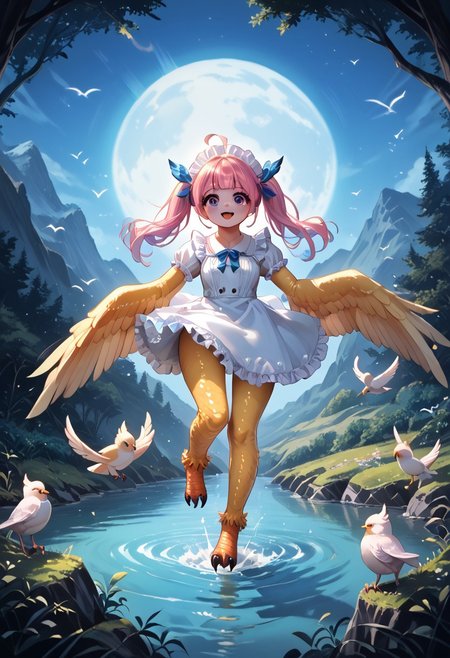 8K, best quality, best resolution,score_9,score_8_up,score_5_up,score_7_up,score_6_up,best quality,source_anime,winged arms, harpy,white dress,big eyes,detailed eyes,detail1eye,EyesHD,detailed face,BREAK,outside,mountain background, flying in mid-air,pastel lighting effect,light beam,full body,moon,night,