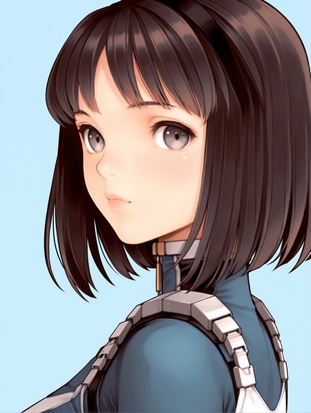 masterpiece,best quality,newest,
1girl,solo,
<lora:nagase_mari_ilxl_v1.0:1>,mari,black hair band,bob_cut,brown hair,grey eyes,
r_suit,turtleneck,skin tight,bodysuit,crop top,short sleeves,fingerless gloves,leotard,<lora:Fixhands_anime_bdsqlsz_V1:1>,looking_at_viewer,cinematic_angle,looking_at_viewer,white_background,simple_background,upper_body,face_focus,portrait,from_back,looking_back,expressionless,