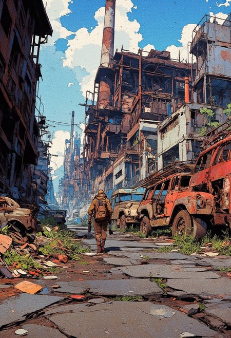 A desolate, post-apocalyptic cityscape, rendered in a digital painting style with a gritty, realistic feel, depicts the skeletal remains of a once-thriving urban environment. The image focuses on the stark contrast between the remnants of human civilization and the encroaching wilderness, evoking a sense of loss, abandonment, and the slow but inexorable reclamation of nature. The foreground features a derelict street, littered with the rusted hulks of abandoned vehicles. The vehicles are in varying states of decay, some almost completely consumed by rust and overgrown with weeds. The asphalt is cracked and broken, with patches of grass and wildflowers pushing through the fissures. A single figure, clad in worn clothing, walks away from the viewer, carrying a rifle – a stark reminder of the human element amidst the desolation. The level of detail in the debris and overgrowth adds a palpable sense of lived-in decay. The mid-ground showcases the skeletal framework of a large, industrial structure, possibly a factory or power plant. Its roof has collapsed, and the walls are crumbling, revealing the building's hollow interior. 
,  anime, cyberpunk