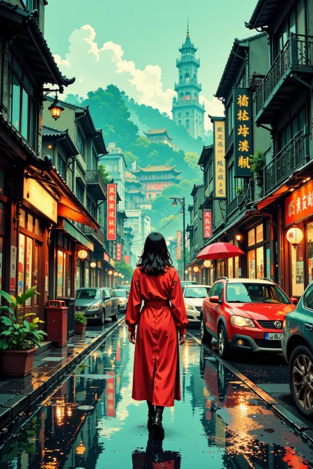 a retro vintage city beautiful landscape, rainy day, woman, very intricate, very detailed, sharp, bright, colorful, <lora:Hand v2:0.5> <lora:Anti-Blur:1><lora:Insane Detail Slider:0.25>  <lora:flux.1_lora_flyway_Epic-detail_v2:0.3> <lora:fluxenhancer:0.25> <lora:ROWER:0.6> <lora:flux-charmer-v1-1:0.4><lora:Vibrantly_Sharp_style_v.5:0.4> <lora:realanime:0.7> <lora:Chinese_Ink:0.3> chinese ink style
