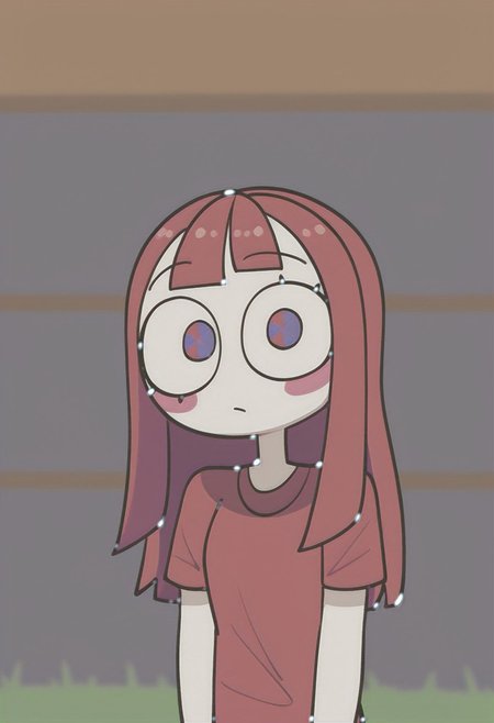 masterpiece, best quality, high resolution, absurdres, solo, 1girl, pomni_(the_amazing_digital_circus), two-tone_eyes, hot red_hair, straight_hair, white_skin, blush_sticker, hot red_shirt, hot red_eyes, library, grass, happy, looking_at_viewer, standing, female_focus, upper body, portrait, chibi:1.9
