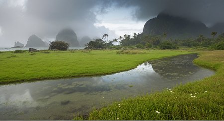 (no human:1.18), (scenic open landscape:1.32) view over (rocky outcrop overlooking (tree covered mountain island, exotic island, white sandy beaches, Turquoise colored ocean, ) and reflection in a vast scenic landscape photography, 
Clear creek water, Fish schools, Meadow grasses: swaying, Rocky cliffs (Early morning mist, grayish light, soft, diffused illumination, dew reflecting the muted hues, dew drops, dew-damp spider webs on grass of meadow,), 
, p4  
p4,s3