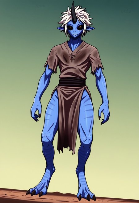 ((Alien humanoid)), solo, androgynous, aquatic features 
blue skin, ((webbed skin between fingers)),
((nostrils only, nostril slits, vertical nasal slits, narrow nostrils)):1.6, ((narrow eyes)), ((black sclera, black irises)), smooth skin,  pointy ears, small ears, tiny ears, holes in skin, forehead horn, short horn, veiny horn, ((single horn)):1.0, ((4 fingers)), fingernails, thin lips, ((white hair)), ((short hair, spiky hair)), sharp teeth, ((digitigrade legs)), bent legs,
full body shot
ragged clothes, muddy clothes, loincloth, tunic, dirty
Medieval style, fantasy style,
style: 4byss,
((Variety)):1.2
((dutch angle))
river background
fully clothed, loose clothing, clean lines, smooth colors, detailed fingers, sfw, source: semi-realistic, rating: pg, score: 8 up, score: 9