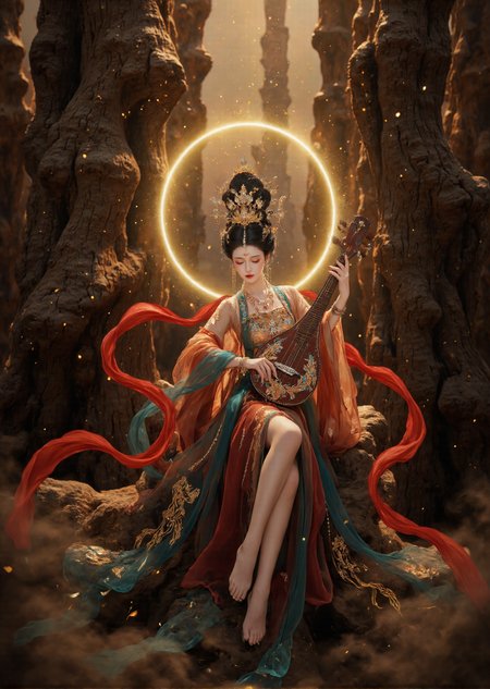 XUER Dunhuang apsaras,1girl,solo,short hair,black hair,hair ornament,ribbon,holding,jewelry,sitting,closed mouth,full body,closed eyes,barefoot,necklace,hair bun,bracelet,tree,makeup,beads,red lips,dancing,playing instrument,updo,fine art parody，

This is a highly detailed digital artwork depicting a traditional East Asian woman in a fantastical, ornate setting.     The woman has a fair complexion and delicate features, with large, expressive eyes accentuated by elaborate eyeliner.     Her dark, straight hair is styled in an elaborate updo adorned with gold and gemstone ornaments, including a large, ornate headdress that resembles a phoenix or peacock.

She wears a rich, semi-transparent dress with intricate gold embroidery and a red sash flowing behind her.     Her jewelry is equally elaborate, featuring gold and gemstone pieces that include a large, ornate necklace, matching earrings, and a bracelet.

The background is a fantastical, ethereal landscape with a large, glowing, golden sun behind her.     Sparkling, golden particles float around her, adding to the magical ambiance.     The texture of the background suggests a mix of natural and otherworldly elements, with large, rough tree trunks and a golden, glowing mist.

The overall style of the artwork blends traditional Asian aesthetics with a modern, hyper-realistic digital rendering, creating a striking and immersive visual experience.

wearing a traditional Tang dynasty court dress adorned with intricate gold and blue embroidery，The woman's hair is styled in an elaborate bun with a golden hairpin.red lotus forehead mark,red forehead mark,
Featuring daily style, rich details, authentic skin details, ultra-high resolution, 32K UHD, best quality, masterpiece, exquisite details, delicate details, natural textures, soft lighting, sharpness, masterpiece, best quality (ray tracing), surrealism, photo realism, epic realism, this is a truly high-definition photo, stacked into composition, diagonal composition, complex details, epic, photo realism
，Soft light source, color correction, white balance,color  graded cinematic,atmospheric  lighting,award  film grain,A shot with tension,(Visual impact,giving the poster a dynamic and visually striking appearance:1.2),impactful picture,Depth of field, insanely interplay between lights and shadows,