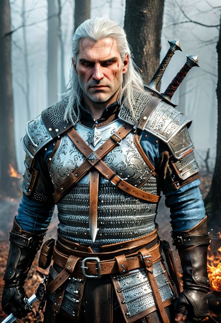 This is a highly detailed digital artwork depicting a character from the video game "The Witcher 3: Wild Hunt." The central figure is Geralt of Rivia, a white-haired, muscular, and stern-looking man with a rugged, weathered face and piercing blue eyes. He is dressed in a medieval-style armor consisting of a dark, metallic breastplate with intricate patterns, a chain mail shirt, and leather straps crisscrossing his chest. The armor is detailed with small, decorative studs and buckles, adding to its realism. Over his shoulders, he carries two swords, one with a silver blade and the other with a black blade, both with ornate hilts., 
In his right hand, he holds a sword, and in his left, he grips a yellowed parchment, possibly a map or contract. The background is a foggy, misty forest, with leafless trees and a muted, overcast sky, giving the scene a somber, eerie atmosphere. Small, glowing embers float around him, suggesting a recent fire or battle. The textures of the armor, leather, and fabric are meticulously rendered, emphasizing the character's strength and readiness for battle. This image captures the essence of the character's ruggedness and preparedness, set against, <lora:add-detail-xl:1.5>, <lora:xl_more_art-full_v1:0.8>, ultra quality, ultra detailed