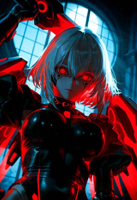 HDR, 8K, high contrast, masterpiece, best quality, amazing quality, very aesthetic, superabsurd res, high resolution, ultra-detailed, absurdres, newest, scenery, (horikoshi kouhei:0.3), (quasarcake:0.3), (wlop:0.3), light rays, chiaroscuro, dynamic angle, (straight on, front facing), from below, fts_3rdprecept, 1girl, pale skin, doll joints, cyborg, facial tattoo, red eyes, artificial eye, mechanical eye, facial mark, white hair, grey hair, medium hair, bangs, hair between eyes, large breasts, mechanical wings, armor, mecha musume, bodysuit, leotard, black leotard, highleg, black gloves, (holding weapon), half body portrait, posing, breast focus, looking at viewer, expressionless, shaded face, glowing eyes, moonlit, moon light, dim lighting, dark room, night time, window, red aura, fog, glowing, partially illuminated, (backlighting), Intricately designed, Mysterious Shadows, BREAK, photorealistic, beautiful detailed eyes, detailed skin, detailed hair, volumetric lighting, dappled light, light particles, dramatic shadows, cinematic lighting, photo background, depth of field, <lora:ponyxl\cfg_scale_boost:0.8> <lora:IL\KMS_FTS_3rdPrecept_IL-000009:0.7>