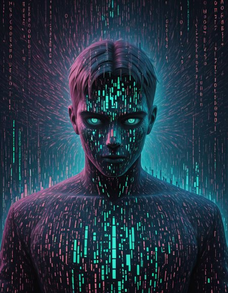 Glitchcore Art Style, detailed, mmatrix-style, silhouette, code, text focus, glitch, digital dissolve, 1boy, dynamic, dramatic, distorted, vibrant colors, glitchcore art style, concept art detailed, mmatrix-style, silhouette, code, text focus, glitch, digital dissolve, 1boy . digital artwork, illustrative, painterly, matte painting, highly detailed