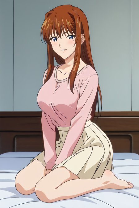score_9, score_8_up, score_7_up, source_anime, rating_safe, intricate details, anime screencap, official style, 1girl, solo, <lora:Kyoko_Sano:1>, kyouko, bright brown hair, long hair, blue eyes, mole under eye, pink shirt, light brown skirt, collarbone, large breasts, barefeet, looking at viewer, smile, indoor, full body, hands on own knees, parted lips, naughty face, kneeling, side view, on bed, blush