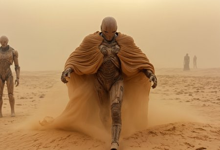 epic, cinematic shot, movie still from Dune movie cyborg humanoid (from behind) wearing rag torn coat looking at distant (portal to other dimension surrounded by energy field and:1.2) emitting orange light on the edges and (sucking desert sand inside creating sand storm and vortex:1.3), (warping time and space:1.2), (futuristic technology:1.2), rubble, stone, (shiny metal statues, metal wires, ancient artifacts:1.5), (glass wood and metal elements covered in dust and dirt:1.3),  sand, very detailed, wide angle, absurd art,  (cyborg, robot, electronics, plasma:1.3), 
<lora:add-detail-xl:0.9>,
<lora:b3ks1n:0.6> b3ks1n,
<lora:JuggerCineXL2:0.8> Film Still, Cinematic, Cinematic Lighting,
<lora:Dune_Movie_Loha2:0.2> Dune, directed by Denis Villeneuve, cinematic, movie, futuristic, sci-fi,
<lora:xl-shanbailing-1003fire:0.5> fire element,
