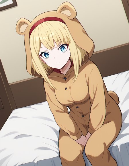 score_9, score_8_up, score_7_up, source_anime, <lora:taktop-destiny-s1-ponyxl-lora-nochekaiser:1>, destiny, short hair, bangs, blue eyes, blonde hair, hairband, medium hair, red hairband, medium breasts,, <lora:kigurumi-ponyxl-lora-nochekaiser:1>, kigurumi, animal hood, animal costume, cosplay, rabbit costume, dragon costume, bear costume, dinosaur costume, sheep costume, cat costume, dog costume, panda costume, tiger costume,, indoors, bed, bed room, sitting, , dutch angle, cowboy shot