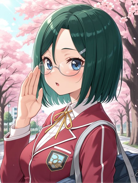 reika hara,1girl,solo,white under-rim eyewear,blush,looking at viewer,upper body,medium breasts,silver hairclip,duel academy uniform \(yu-gi-oh! 5d's\),red blazer,white collared shirt,from side,hand up,yellow neck ribbon, outdoors, school, bag, cherry blossoms, open mouth, 
masterpiece,best quality,amazing quality,very aesthetic,absurdres,newest,<lora:Reika Hara & Kaiho Rin illusXL v1:0.72>,