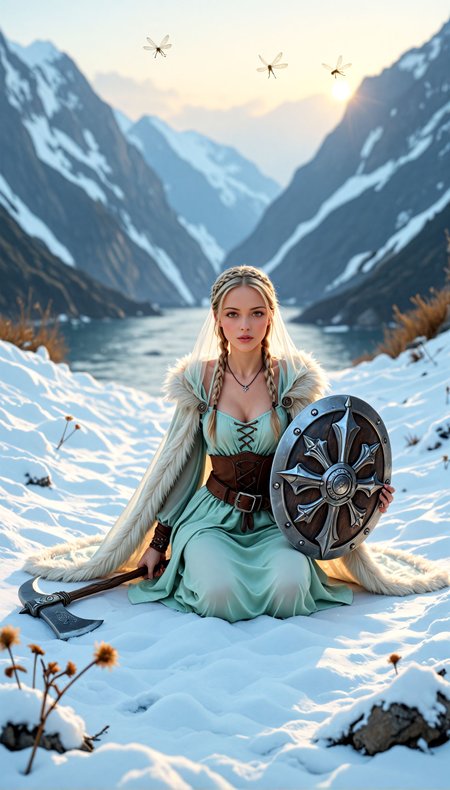 (photo realism, pr3tty_h4lluc1nat10ns),  <lora:NordicByNatureILL:0.8> nordicbynature,  Bella_Jockitch, (dynamic action pose:1.2), cleavage, (blonde, spring, crown braid, dragonflies), Clad in a cream tunic under a pale green overdress, braided hair in a crown style pinned with bone charms, belt of plaited rope, translucent linen veil, bone jewelry at her wrists, fur cloak nearby, a small shield and axe resting at her side, kneeling at a glowing rune spring within a stone circle, surrounded by carved totems, dragonflies flickering, a distant ship on the fjord, snow patches clinging to the roots, watched by a raven.