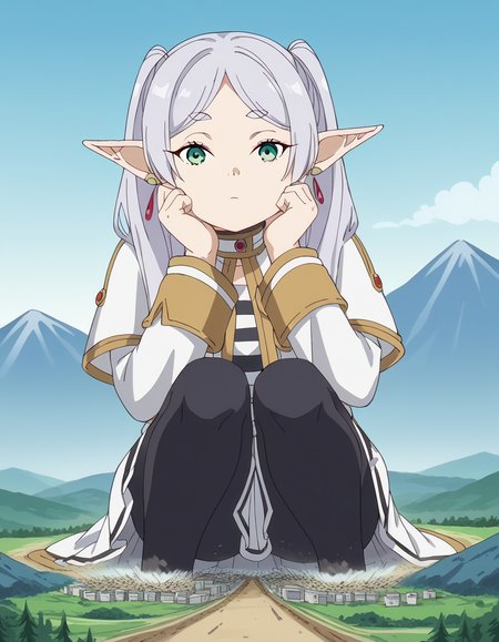 score_9, score_8_up, score_7_up, source_anime, <lora:frieren-s1-ponyxl-lora-nochekaiser:1>, frieren, long hair, twintails, green eyes, grey hair, pointy ears, elf, small breasts, anime screencap, shirt, long sleeves, jewelry, pantyhose, earrings, striped, black pantyhose, capelet, striped shirt, skirt, white skirt,, mountain trail, hiking, nature, backpack, adventure, fresh air, , <lora:giantess-ponyxl-lora-nochekaiser:1> giantess, giant, city, building, outdoors, destruction, sitting, squatting, hands on own cheeks,, looking at viewer, solo,, dutch angle, cowboy shot