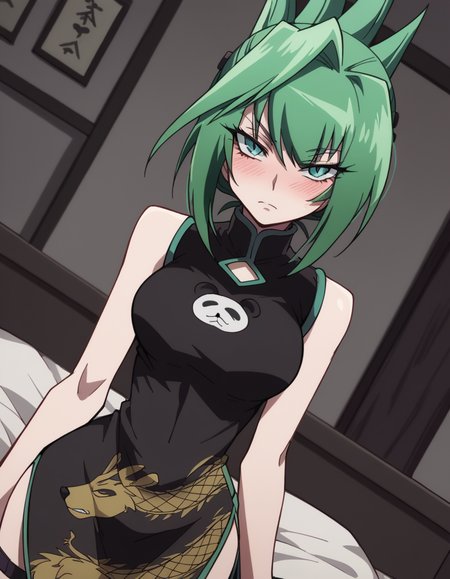 score_9, score_8_up, score_7_up, source_anime,
juntao, <lora:jun-tao-2021-s1-ponyxl-lora-nochekaiser:1>,
jun tao, green eyes, green hair, hair between eyes,
animal print, bear print, black dress, china dress, chinese clothes, dress, air, hip vent, panda print, side slit, sleeveless, sleeveless dress, thigh strap,
indoors, bed, bed room, on side, blush, drunk,
looking at viewer, cowboy shot, solo, dutch angle
