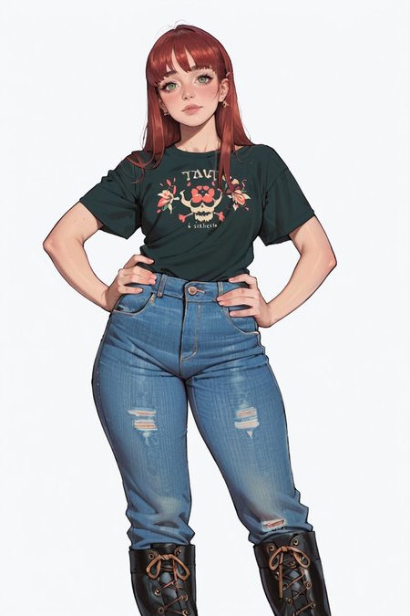 <lora:RealMix19:1>, score_9, score_8_up, score_7_up, score_6_up, score_5_up, rating_questionable, source cartoon
1girl, pretty face, pretty eyes, detailed eyes, HD eyes, thick thighs
hands on hips, standing, cowboy shot
looking at viewer, blush, eyebrows, long hair, red hair, green eyes jeans, green t-shirt, boots, high waisted jeans
simple background, white background