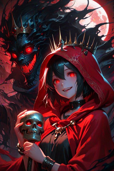 masterpiece, best quality, amazing quality, aesthetic, volumetric lighting, ambient light, saturated colors, dark shadows, 1girl, red eyes, black hair, glowing eyes, short hair, open mouth, hair between eyes, parted lips, crown, hood, bracelet, necklace, cape, looking at viewer, glowing, holding, moon, upper body, smile, jewelry, cloak, red cloak, teeth, red cape, hooded cloak, skull, full moon, hood up, zstyle,very awa, absurdres