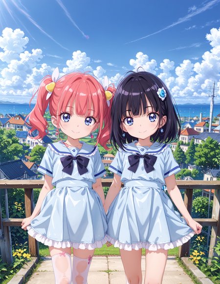 pre dream cure illustration used by cosmetic ads, 2girls jk portrait, cowboy shot from above, body conscious latex sailor uniform liked bodycon dress with frilled skirt, shouldings school bag, latex thighhighs, light smile, standing in hotel, global illumination, perfect female proportion, <lora:offset_0.2:0.1>,<lora:Hyper-SDXL-12steps-CFG-lora_rank1:1>, <lora:spo_sdxl_10ep_4k-data_lora_webui:1>,cloud, cloudy sky, day, outdoors, scenery, sky, tree