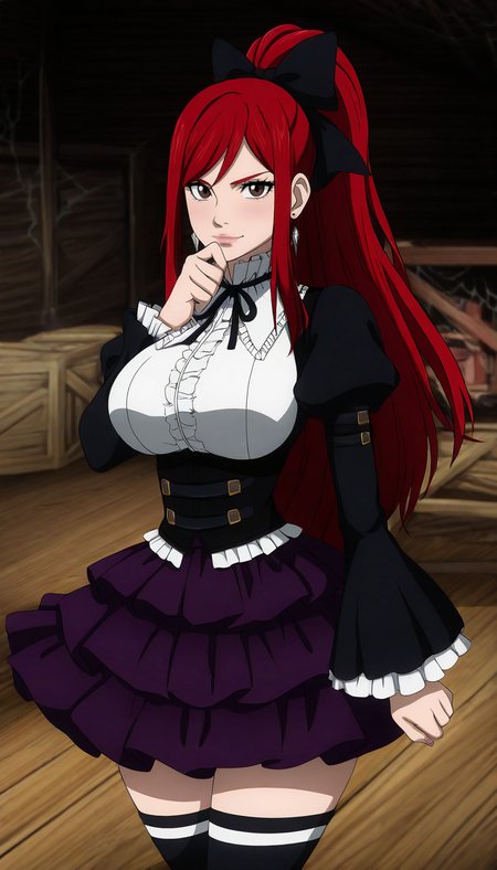 1girl, cowboy shot, __artstyles__, _artstyles__, _artstyles__, _artstyles__,
<lora:ErzaMFC_Illu_Dwnsty:0.8>, erz_mfc, brown eyes, red hair, ponytail, long hair, hair bow, black bow, ribbon, dress, juliet sleeves, frills, corset, black thighhighs, earrings, purple skirt, large breasts, lips, light smile, clenched hand, hand on own chin, 
dark theme, attic, wooden floor, wooden wall, spider web, crate, dimly lit, dust, indoors, 
looking at viewer, realistic skin, film grain, light and shadow contrast, high definition, amazing quality, very aesthetic, best quality, masterpiece, best quality, very aesthetic, highres, absurdres, sensitive,