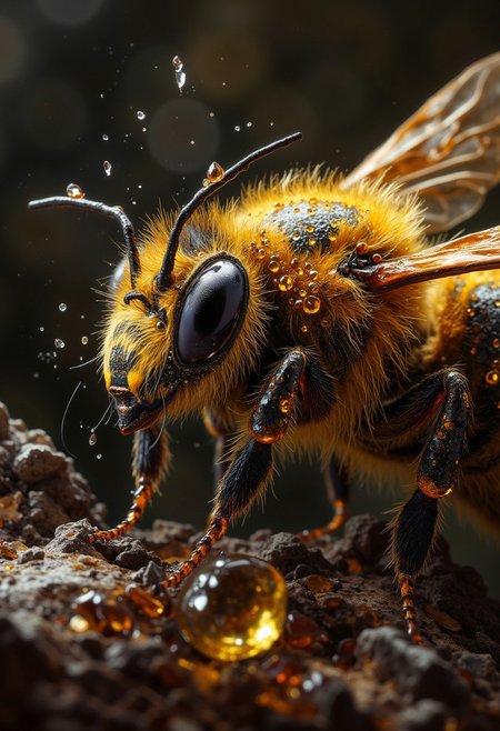 Gold bee with dark diamond and crystal, crystallization, hi details, super realistic, close-up, 16K, detailed, UHD