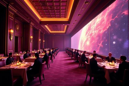 "Visualize the opulent and absurd interior of Milliways, the Restaurant at the End of the Universe. The scene is a vast, geometrically precise dining hall, with tables arranged in perfect rows stretching towards an infinitely receding horizon. The color palette is a rich, almost decadent blend of deep purples, golds, and reds. Diners, a bizarre collection of alien species in outlandish attire, sit in perfect stillness, observing the spectacular destruction of the universe unfolding through enormous, panoramic windows that dominate one wall. The lighting is dramatic and theatrical, highlighting the surreal nature of the event. Focus on the stillness of the diners juxtaposed with the cosmic chaos outside, conveying a sense of detached, almost bored acceptance of the ultimate end. 8k resolution, hyperrealistic rendering, symmetrical composition, rich and decadent color palette, surreal and theatrical lighting, Kubrickian dark humor aesthetic."  <lora:cinematic film IMAX70mm Filmstrip style v1:0.8> cinematic film style, IMAX70mm , filmstrip borderâââ