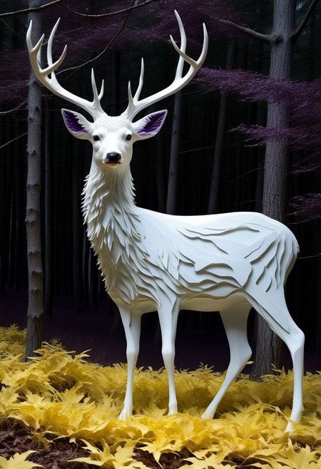layered papercut, mysterious magestic white deer, on a papercut forrest floor trail, papercut deer with big antlers, fading backlit background, (svannah fading white/yellow to deep purple), by Minjae Lee, Carne Griffiths, Emily Kell, Steve McCurry, Geoffroy Thoorens, Aaron Horkey, Jordan Grimmer, Greg Rutkowski, amazing depth, double exposure, surreal, geometric patterns, intricately detailed, bokeh,  perfect balanced, deep fine borders, artistic photorealism , smooth,  great masterwork by Suiras  <lora:add-detail-xl:2>  <lora:Double_Exposure:0.5>