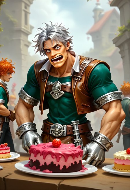 score_9, score_8_up, score_7_up, raymanstyle,, male focus, toned male, natgra2, gray eyes, short hair, silver hair, steel greaves, plated footwear, brown skirt, black pants, green shirt, brown leather vest, silver belts, white gloves, silver chest plate, surprised expression, eating cake, (messy:2)