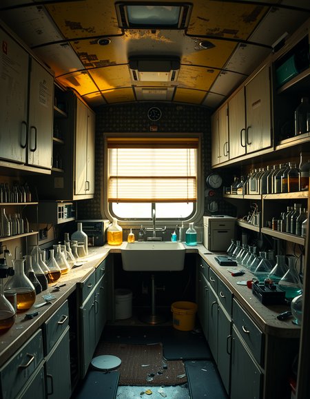 The interior of an old RV converted into a clandestine drug laboratory, inspired by the TV series Breaking Bad. The space is cramped and messy, filled with scientific equipment, glass beakers, flasks, burners, chemical containers, and lab tools scattered around. The walls are aged and stained, with peeling wallpaper and old metallic cabinets. A small sink area is cluttered with dirty lab glassware. The lighting is dim and tinted yellow, with sunlight barely filtering through dusty blinds. The floor is grimy, with a mix of rubber mats and worn carpet. The overall atmosphere is tense and gritty, capturing a sense of secrecy and danger. Hyper-realistic style, cinematic composition, rich in textures and shadows.
<lora:SDXLFaeTastic2400:0.4> <lora:extremely_detailed:0.4> extremely detailed,<lora:old_RV_drug_l4b0r4t0ry:1>,old RV drug l4b0r4t0ry, Masterpiece,best quality,hi res,8k,hi res,8k,award winning,(sharp focus, intricate, highly detailed),