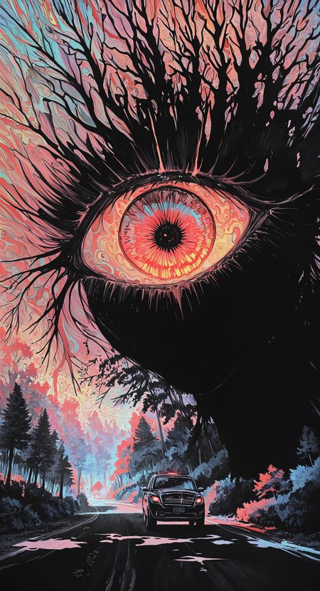 masterpiece, best quality, good quality, very awa, newest, highres, absurdres,  outdoors,tree, no humans, shadow, traditional media, scenery, nature, motor vehicle, forest, bubble, car, road, one-eyed, horror \(theme\), eye focus, ink \(medium\),
(looking down:1.2), limited palette, sketch, glowing, psychedelic, <lora:illustriousXL_stabilizer_v1.23:0.3> <lora:NOOB_vp1_detailer_by_volnovik_v1:0.3> <lora:ponyv6_noobE11_2_adamW-000017:0.3> <lora:114558v4df2fsdf5:0.7> <lora:mon_monmon2133:0.8>