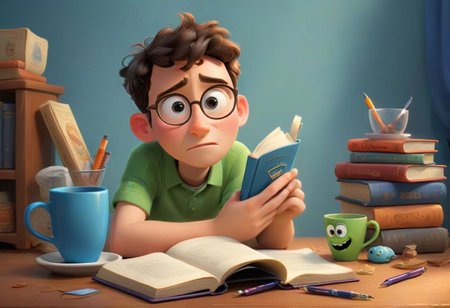 Create an illustration about the lives of everyday household items, where a book, a pen, and a cup embark on their own adventures, coming to life in a Pixar-esque cartoon style.