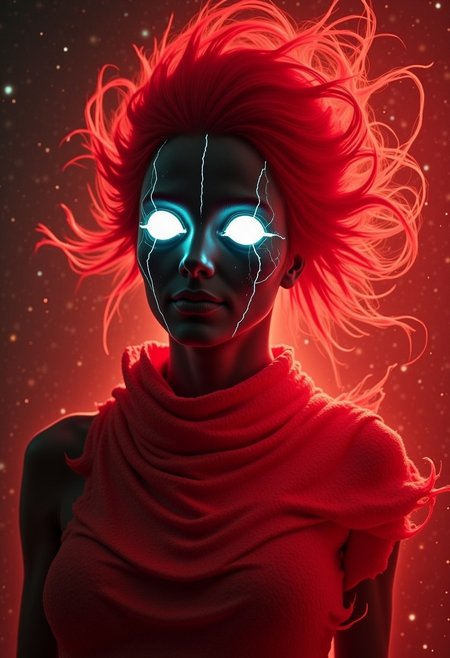 m100-style, analog photo of a freckled Woman coming her billowing Hair, glowing White eyes, Face lines, billowing hair, cyclops, ethereal transparent Red aura