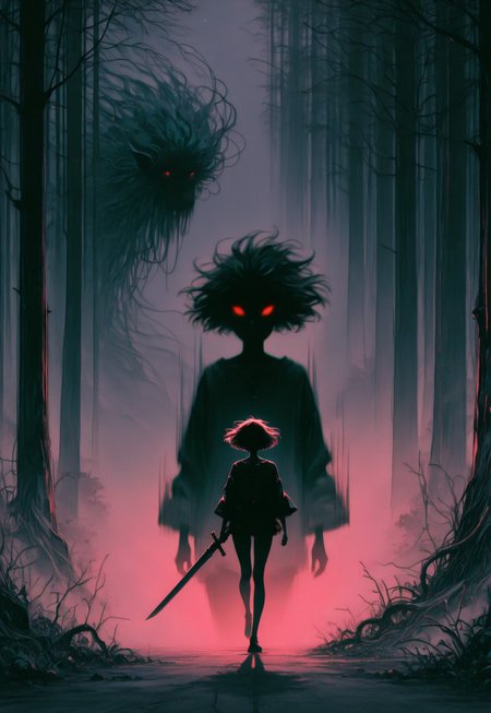 masterpiece, best quality, amazing quality, very aesthetic, absurdres, newest, OTZZK, Studio Ghibli Dark Fairytale,
BREAK,
1girl, black bangs, short hair, ground fog, (motion blur:1.5), micro skirt, oversized shirt, running, shadow monster, face focus, floating hair, shadow tendrils, glowing red eyes, holding massive sword, 
BREAK, night, soft moonlight, outdoors, forest, haunted forest, rolling fog, mysterious, spooky, eerie, dramatic shadows, red and black background theme, dramatic lighting, detailed background, deep contrast, limited color palette, high contrast black, dramatic composition, 