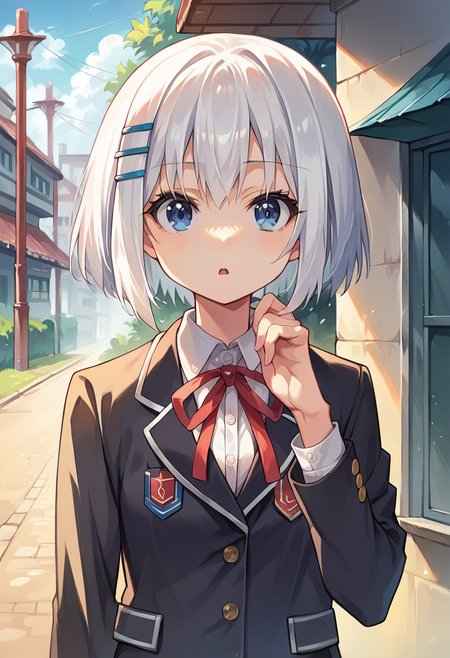 score_9, score_8_up, score_7_up, source_anime, masterpiece, 1girl, ctiantobii, blazer, school uniform, neck ribbon, pleated skirt, dress shirt, looking at viewer, outdoors, portrait, hand up, chestnut mouth,  <lora:Origami_Tobiicchi_pony_ct:0.8>,