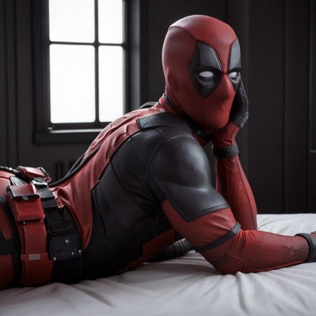 1boy, Deadpool, bodysuit, mask, laying in bed, looking at viewer, big ass, muscular, window, sunlight, dark room, high detail