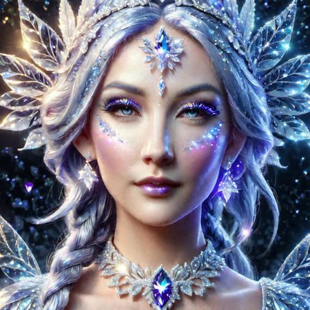 portrait of an epoch elf,  wearing a ((fairy dress, crystalline dress)), she has long glittery silver hair, perfect elven face, symmetrical eyes, fine details best quality, hyperdetailed face, photorealistic, highest quality, best shadow, highly detailed. photography, professional, 4k, 8k HD, professional, purple colors, blue light, blue atmosphere