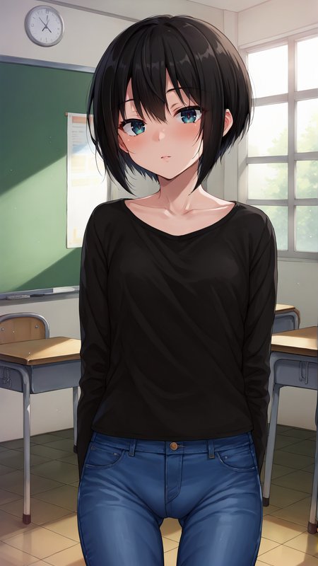 score_9, score_8_up, score_7_up, BREAK source_anime,best quality, masterpiece, uncensored,ultra detailed,unreal engine 5,cinematic lighting,
1girl,(Meticulous Eyelash Details,Depth and Dimension in the Pupils:1.2), shiny skin, classroom, 
<lora:kurose_san_xl2:0.9> kurose_san, short hair, black hair,
shirt, jeans
standing, upper body,