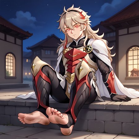masterpiece, best quality, sharp aliasing, highly detailed, 1male, male body, male,EPfeCorrin, white cape with flames, armour, black gloves, black pants, wearing pants, outdoors, stone tiled ground, buildings, night, barefoot, toeless legwear, armoured legwear, shin armour, leg armour, leg and shin amour, stirrup legwear, black stirrups, 5 toes, Quality, High Definition, Full body view, solo, rengoku kyojuro, forked eyebrowns, long hair, two-etone hair, multicolored hair, red eyes, sword, red toenails, dirty feet, glowing eyes, sitting on ledge, feet, focus, sleeping expression, snoring, feet, soles