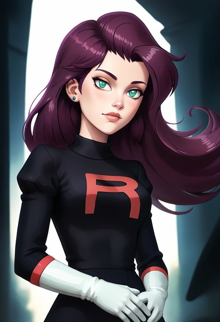 score_9, score_8_up, score_7_up, score_6_up, PRSNL_3_1, uncensored, pupils black dots, lips,
upper body, best quality, masterpiece, 4k, realistic, warm light,
PMMiyamoto, team rocket, floating hair, purple hair, bangs, green eyes, orange earrings, aged up,
black dress, puffy sleeves, elbow gloves, white gloves, white thighhighs, thigh boots,