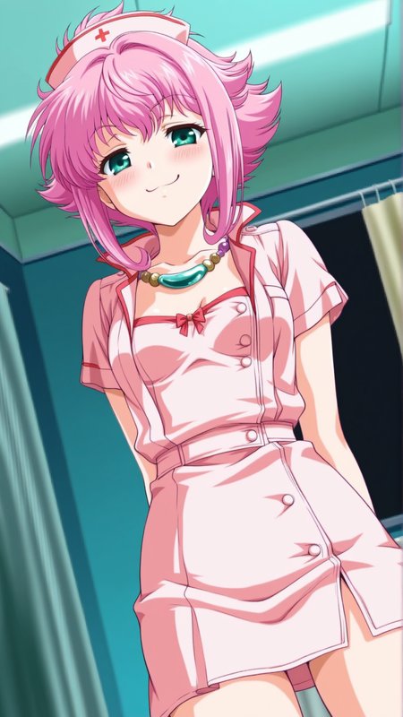 source_anime, genral, best quality, masterpiece, 1girl,  <lora:Mer_Bitter_ill_v1.0:1> mer_bitter\(srw\),green eyes, pink hair,flipped hair,short hair, necklace, jewelry, nurse, smug, (embarrassed:0.8),   dynamic pose, dutch angle, cowboy shot,