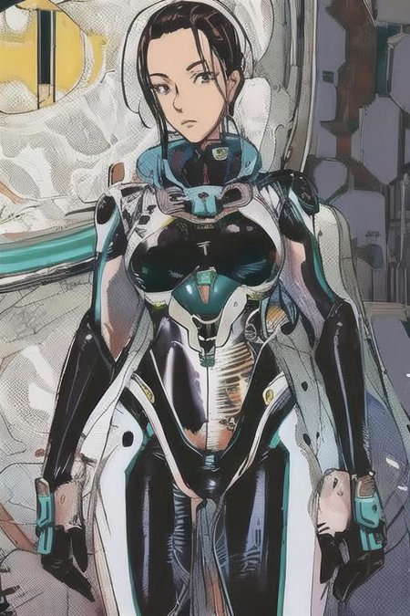 2d artwork, line artwork, comic aesthetics, 1girl, gorgeous, spacesuit mech, looking at viewer, surreal, breathtaking high-tech hardware background, line noise, ancient, retrofuturism, old comic paper, 1girl, beautiful face, spacesuit mech, short hair, red eyes, black epi-space-suit mech, earth, universe