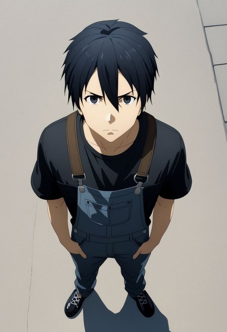 high resolution, professional photography, best quality, 1Boy, Kirigaya Kazuto, Black Hair, Black Eyes, overalldetail, standing, straight facing upwards, casual, seen from above, arrogant face, dominant, intimidate