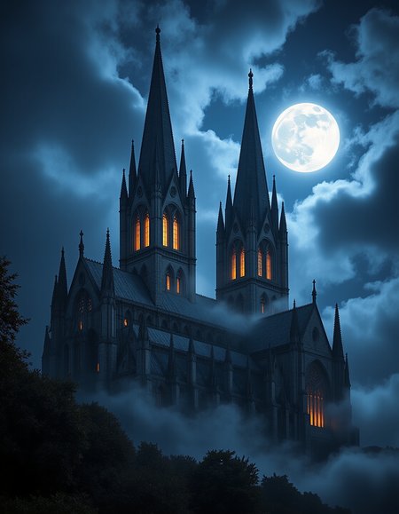 Imagine an image of a gothic cathedral, its towering spires shrouded in swirling mist under a full moon.