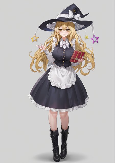 1girl, kirisame marisa, huge breast,apron, black footwear, black headwear, black skirt, black vest, blonde hair, boots, bow, box, buttons, closed mouth, frilled skirt, frills, full body, grey background, hair over shoulder, hat, hat bow, holding, holding box, long hair, long sleeves, looking at viewer, product placement, shirt, skirt, skirt set, smile, solo, standing, star (symbol), two-tone background, vest, waist apron, white apron, white bow, white shirt, witch hat, yellow eyes, <lora:TEDDY:1>