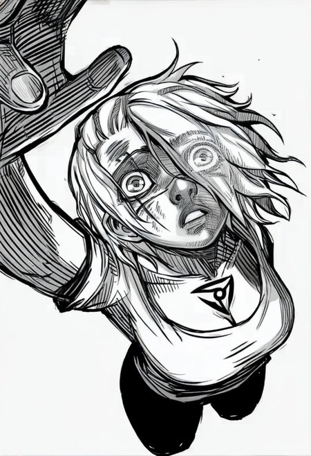 monochrome, greyscale, 1girl, solo, hair over one eye, breasts, looking at viewer, looking up, from above, short hair, pants, foreshortening, white background, wide-eyed, arm up, cleavage, jewelry, scar <lora:odysseasXL_NBVP1_lokr_V6311PZ:0.95>