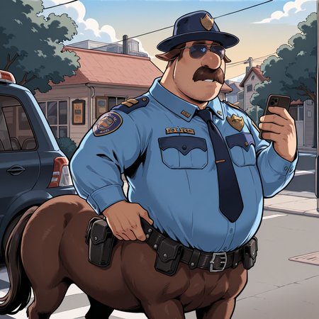 coltbronco, centaur, cowboy shot, solo, feet out of frame, wearing aviator sunglasses, holding smartphone, police uniform, necktie, police hat, police badge, name tag, outdoors, car, neighborhood, street, hand on belt