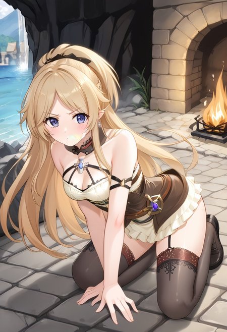 core_9, score_8_up, score_7_up,
BREAK source_anime, best quality, masterpiece, rating_safe, uncensored, High quality, 8k, Ultra detailed, insanely detailed, beautiful, prefect lighting, 1girl, 
BREAK yukariadv, very long hair, blonde,
clockwork outfits, thighhighs,
wslking
BREAK (Cave, firewood, fire, water droplets, stone bed, rough floor,Cobblestone wall),