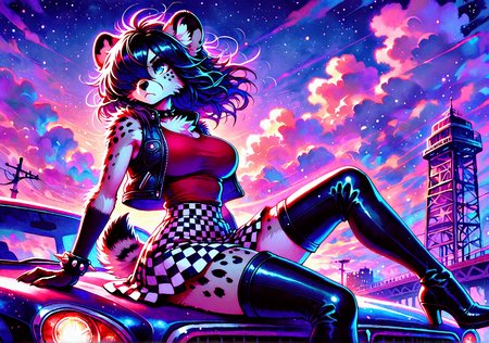 masterpiece,best quality,amazing quality, FMIXF2, FMIXF, vibrant details, sshdw, colorful, detailed shading, hued shading, soft shadows, female furry, solo, narrow waist, hyena, (medium hair, messy hair, hair over one eye, black hair), >:<, large breasts, small claws, red claws, sleeveless, vest, red shirt, open clothes, checkered skirt, thigh boots, spiked bracelets, blue eyes, view from the side, notched ear, sitting on car, night sky, clouds