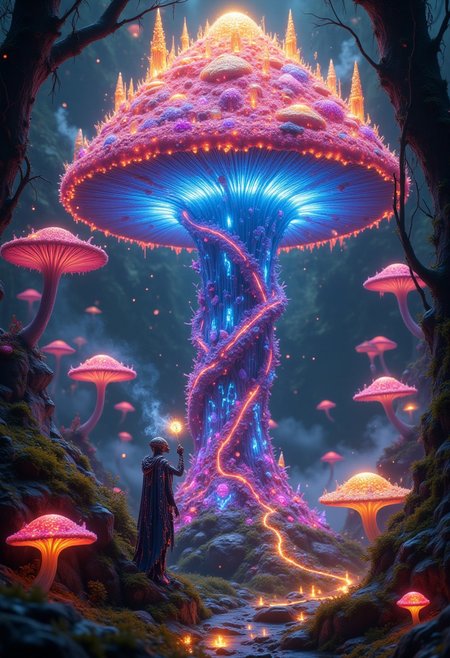 aidmaMJ6.1, aidmaimageupgrader, A surreal and vibrant fantasy scene featuring a colossal glowing mushroom, home to an advanced ant civilization, set in an enchanted jungle of bioluminescent fungi. The giant mushroom is covered in intricate ant-made structures, glowing pathways, and shimmering spires, with tunnels radiating light from within its stem. On one side of the scene, a single ant is prominently displayed in extraordinary detail, showcasing its metallic-like exoskeleton, glowing accents, and intricate design, exuding an aura of intelligence and strength. The ant holds a radiant spore, highlighting its role in this magical society. Surrounding the mushroom, smaller glowing fungi release ethereal spores into the misty air, creating an otherworldly atmosphere. The image blends epic fantasy with futuristic elements, emphasizing the majestic beauty and complexity of the ant and its glowing fungal home.