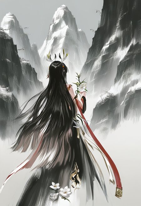 solo, 1girl, long hair, flower, black hair, holding, white flower, from behind, horns, white background, very long hair, mountain <lora:YLXL_NBVP1_lokr_V6311P:0.95>
